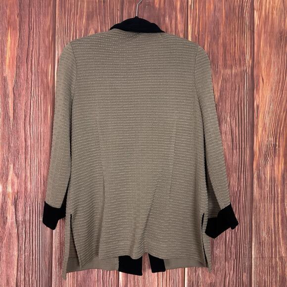 Misook Camel Beige Black Knit One Button Front Cardigan Jacket Collar Size Small - Picture 2 of 5